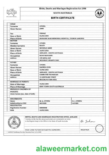 Australia South Australia birth certificate version 1